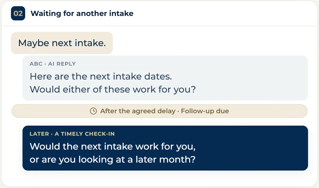 Illustrative chat: the customer says maybe next intake, the AI shares the dates, and after the agreed delay checks in about the next intake or a later month