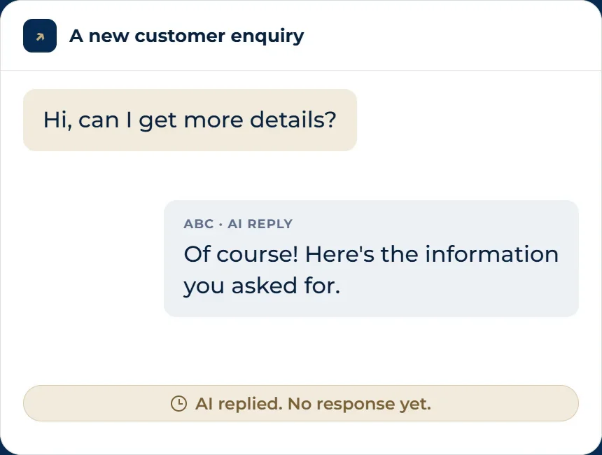 Illustrative chat: a customer asks for more details, the AI replies with the information, and the status shows AI replied, no response yet