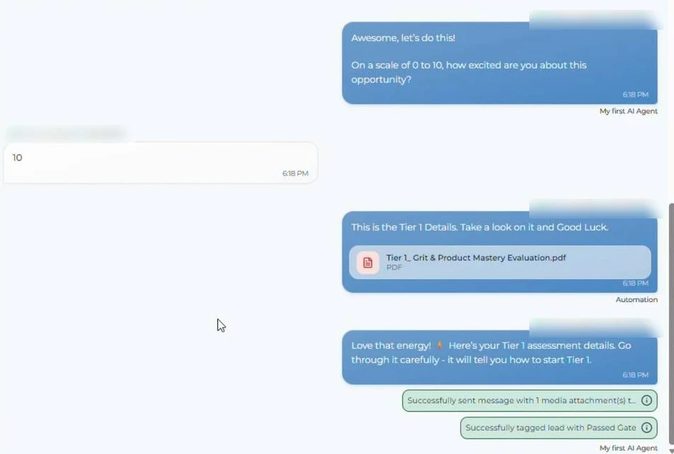 ABC Sales AI inbox: the AI asks the readiness question, sends the Tier 1 PDF and tags the applicant