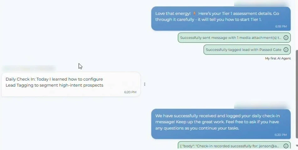 The AI confirms a daily check-in and records it automatically