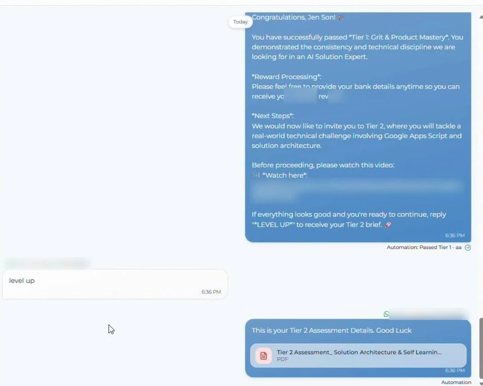 WhatsApp pass message and the Tier 2 brief sent as a PDF