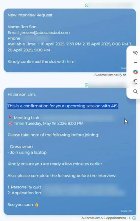 WhatsApp interview request to the interviewer and confirmation to the applicant