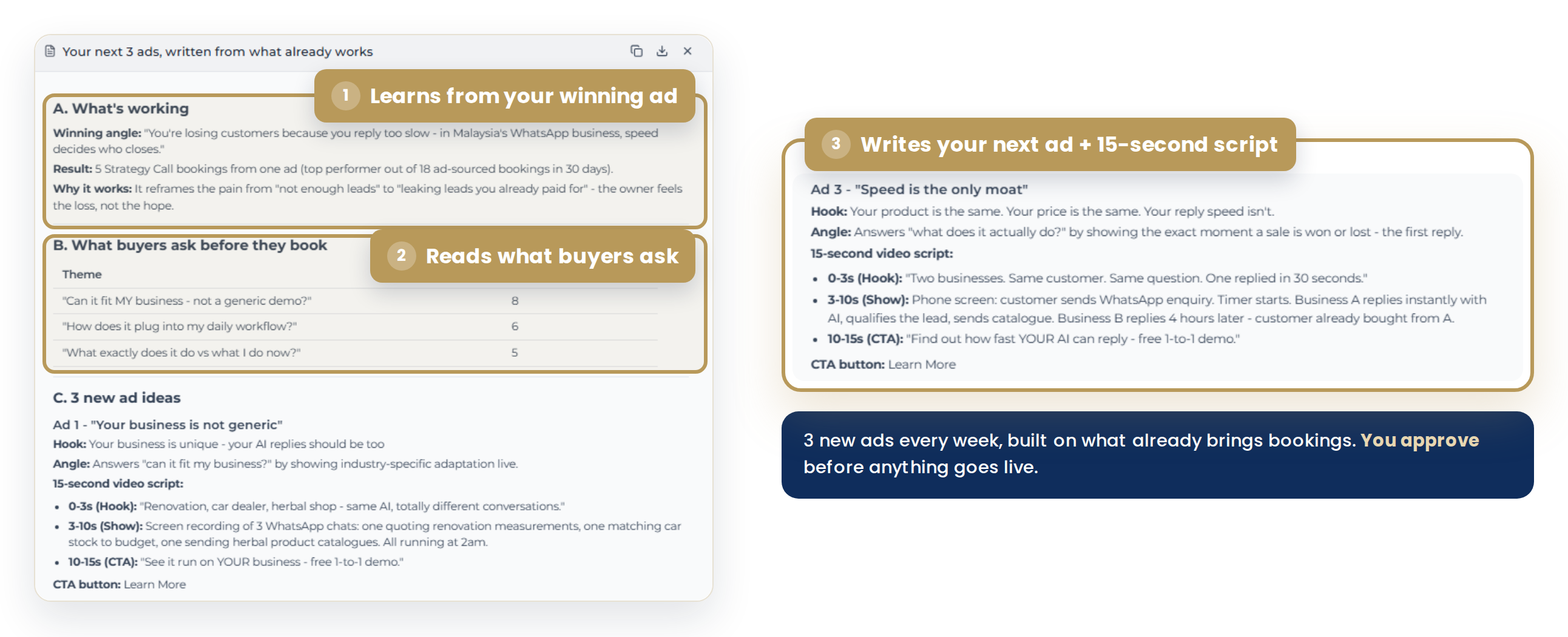 AI Manager content brief with the winning angle, buyer questions and a new ad script.