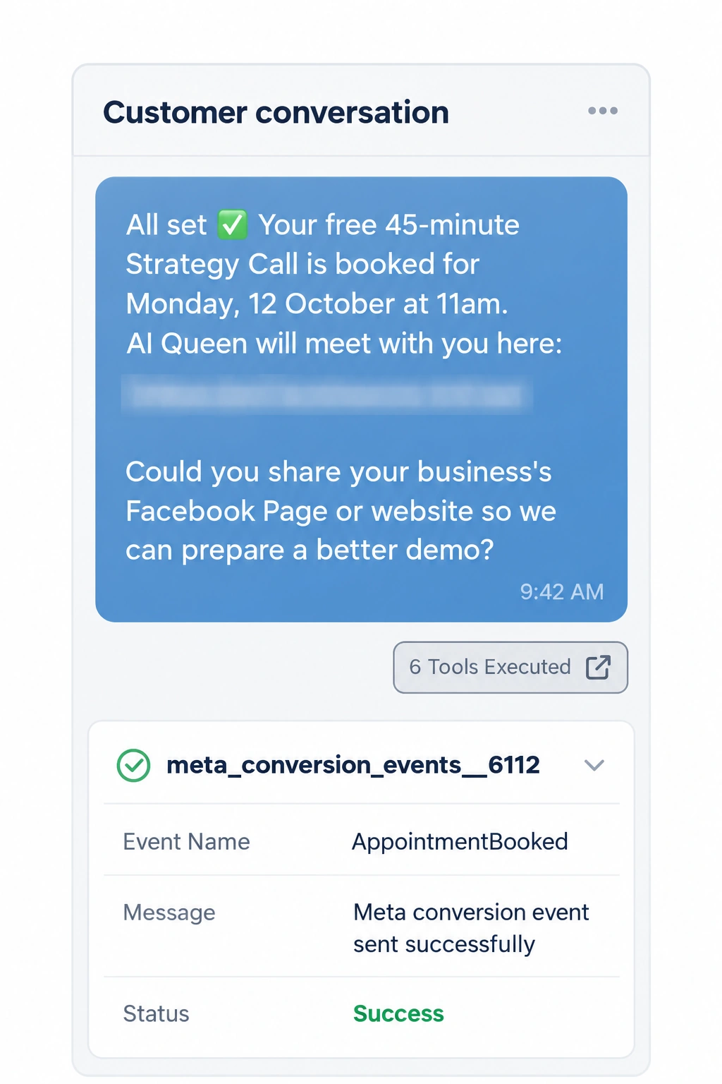 Mobile mockup of the original blue booking confirmation and successful AppointmentBooked event sent to Meta. Private meeting link remains hidden.