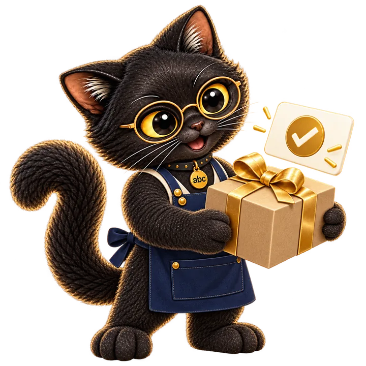 Kong Ming in a navy apron holds a gold parcel, with a checkmark card beside the order journey.