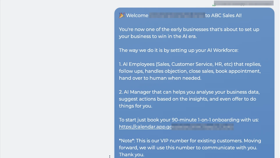 ABC inbox: the AI welcomes a new customer, explains the setup in two parts and shares the link to book a 90-minute onboarding session