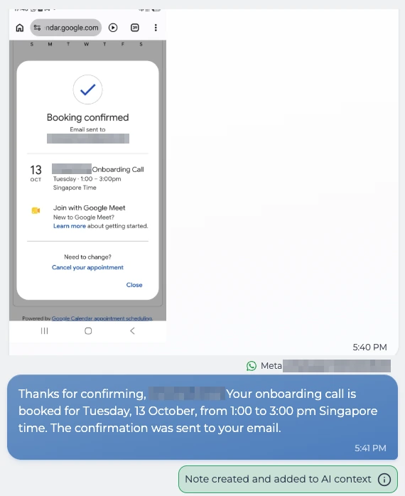 The customer's booking page shows Booking confirmed, and the AI replies in the chat that the onboarding call is booked for Tuesday, 13 October, 1pm to 3pm