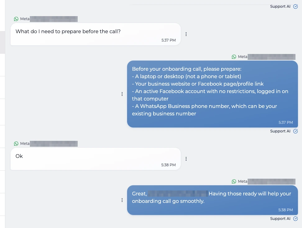 The customer asks what to prepare before the call, the AI lists a laptop, the business website, an active Facebook account and a WhatsApp Business number, and the customer replies Ok