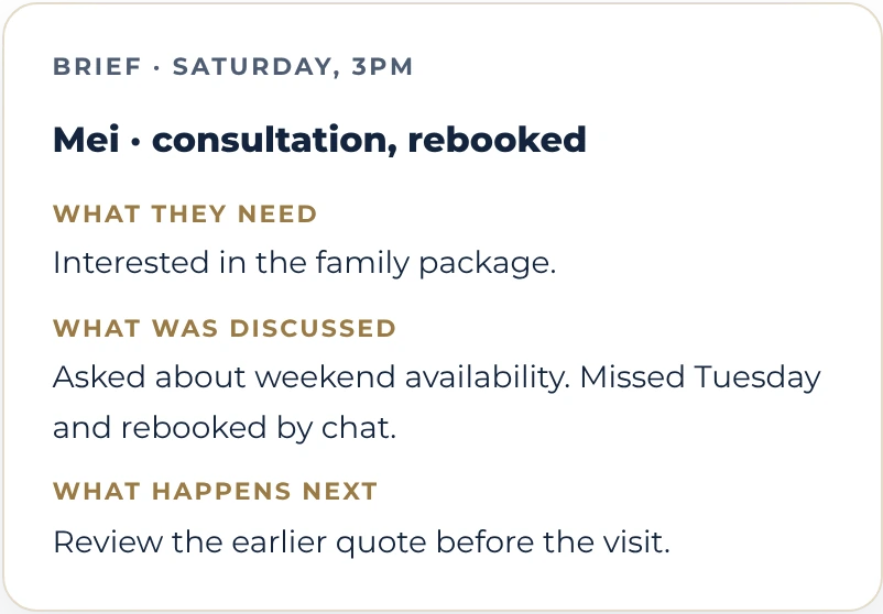 Sample brief for Saturday, 3pm: Mei, consultation, rebooked. She is interested in the family package, asked about weekend availability, missed Tuesday and rebooked by chat. Next: review the earlier quote before the visit.
