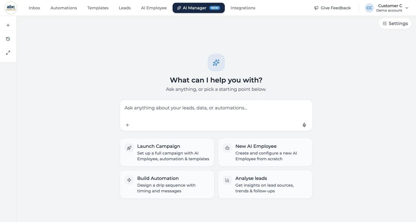 Real AI Manager screen: the ask box where you type a question about your leads and data