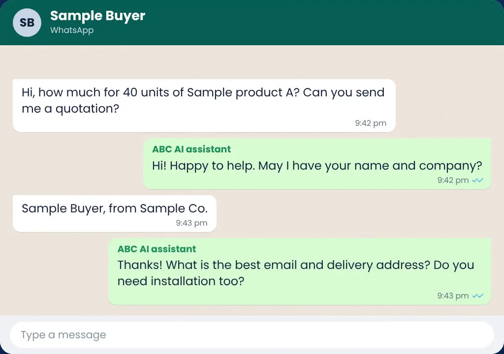 WhatsApp chat at 9:42 pm: the buyer asks for a quotation for 40 units of Sample product A; the AI asks for name and company, then for email, delivery address and whether installation is needed
