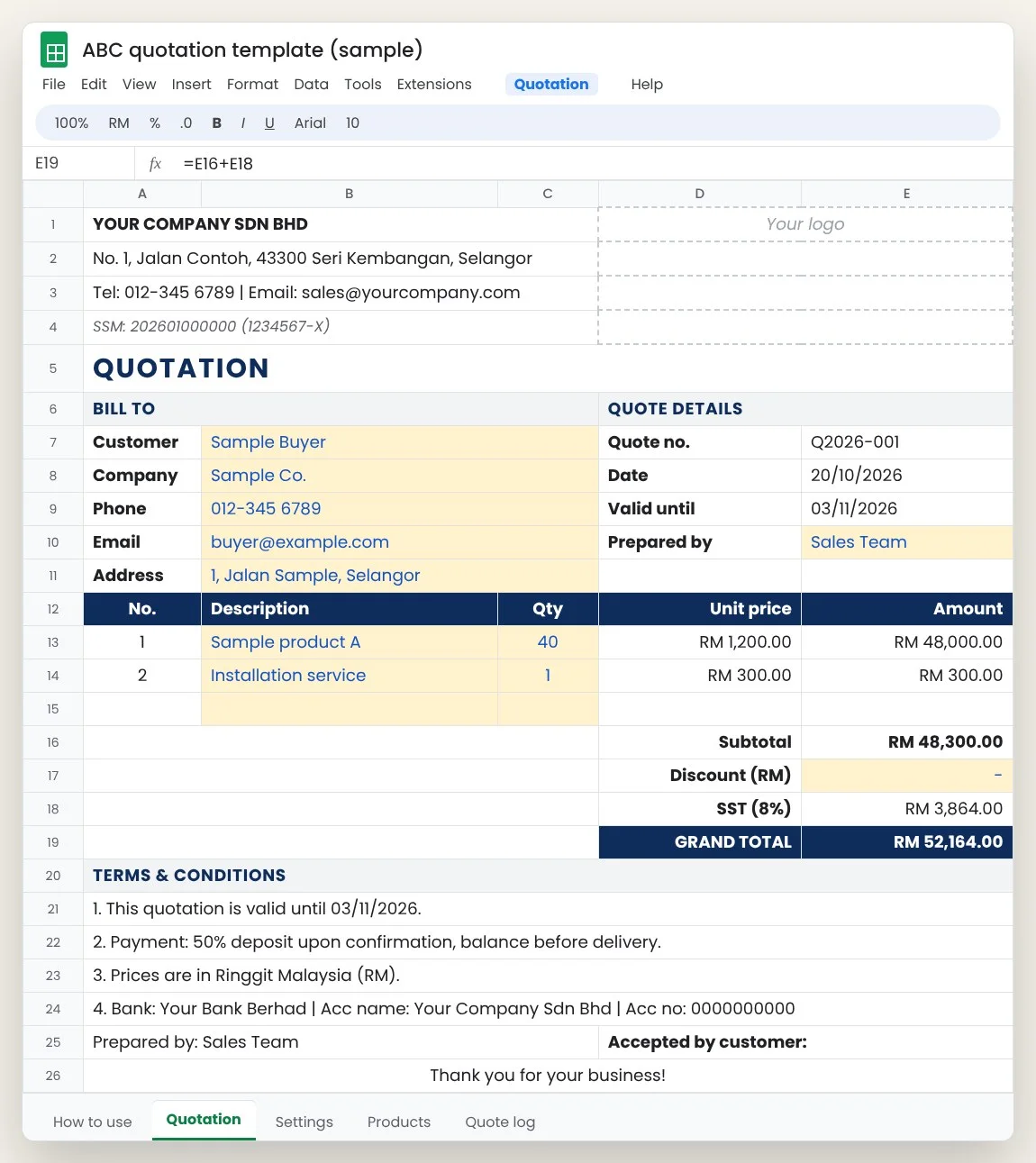 Quotation template: Sample Buyer from Sample Co., quote Q2026-001 valid until 3 Nov 2026, 40 units of Sample product A at RM 1,200 and installation RM 300, subtotal RM 48,300, SST 8% RM 3,864, grand total RM 52,164