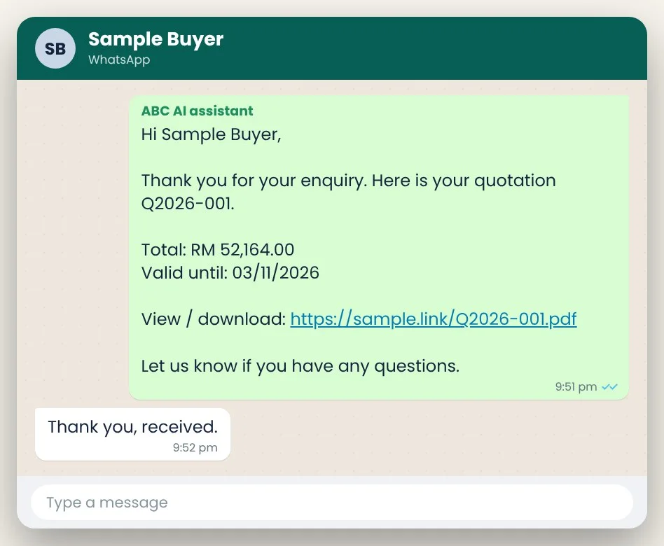 WhatsApp: the AI sends quotation Q2026-001, total RM 52,164, valid until 3 Nov 2026, with a link to view or download; the buyer replies Thank you, received