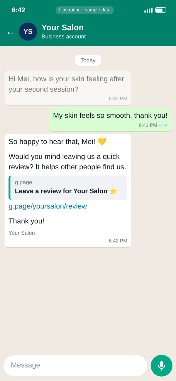 WhatsApp chat: the salon checks in after the second session, the customer says her skin feels so smooth, and the AI replies with a thank you and the review link