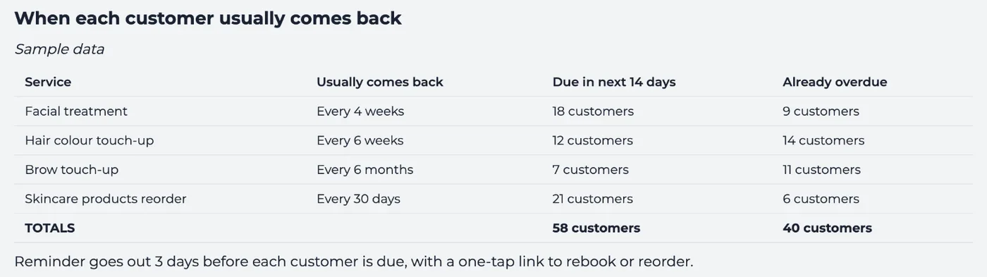 AI Manager card: when each customer usually comes back. Four services with their return cycle, 58 customers due in the next 14 days and 40 already overdue