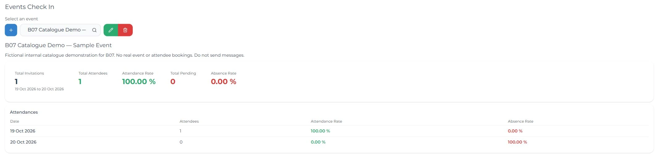 02 / Check-in at the door. Actual product interface with demonstration data.