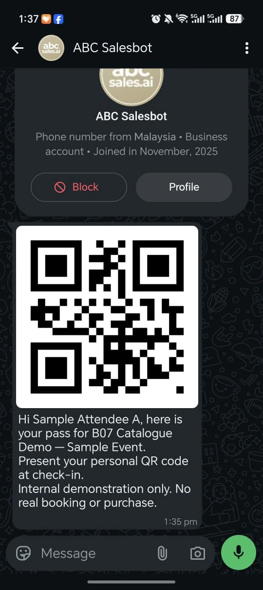 01 / A personalised event ticket. Actual product interface with demonstration data.