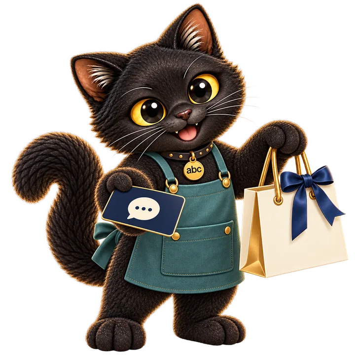 Kong Ming welcomes a shopper while holding shopping bags.