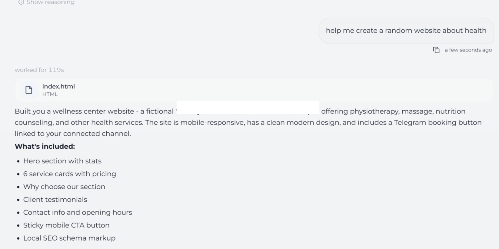 AI Manager created an index.html website draft file from a business prompt