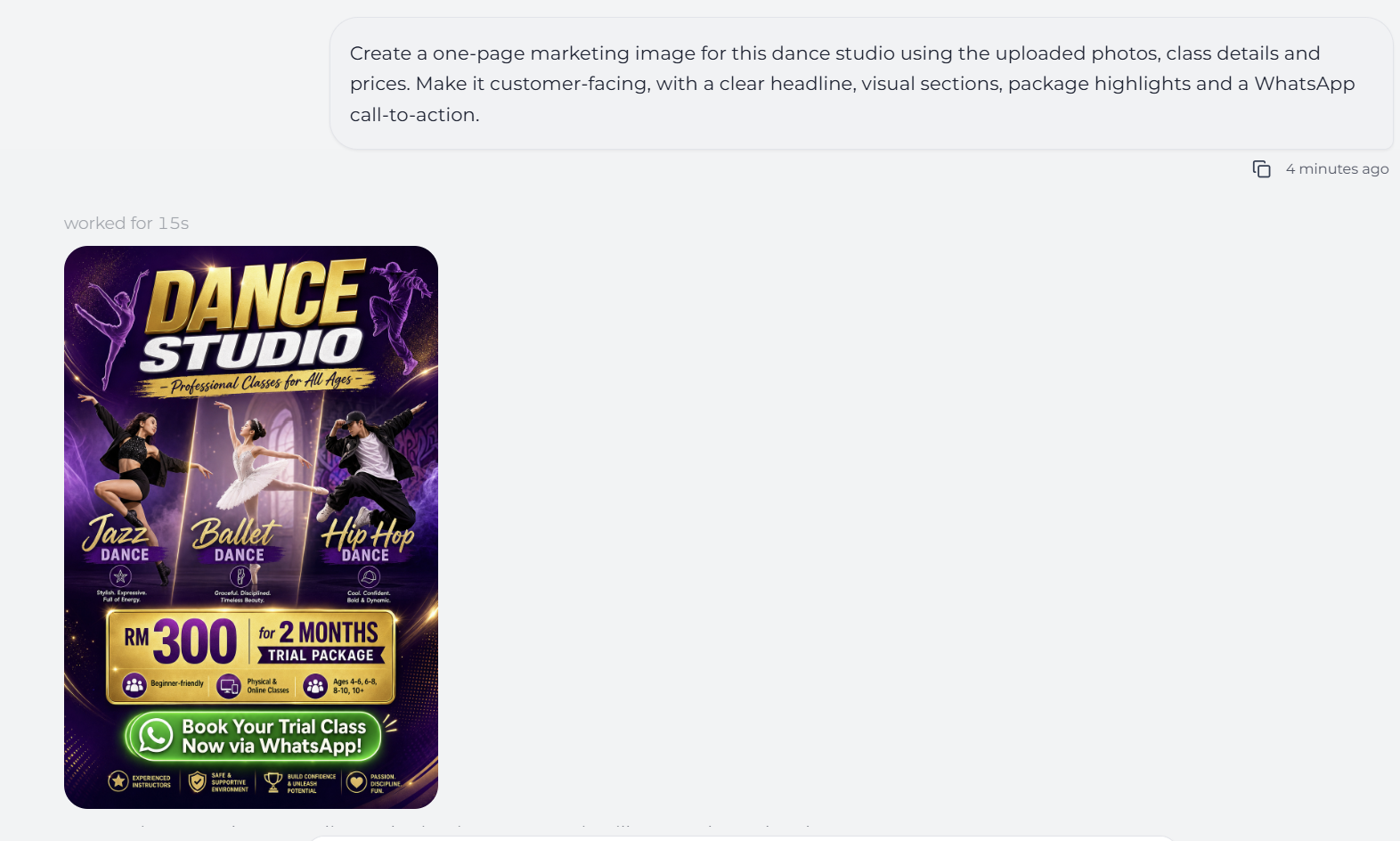 AI Manager creating a customer-facing dance studio marketing image from uploaded photos, class details and prices