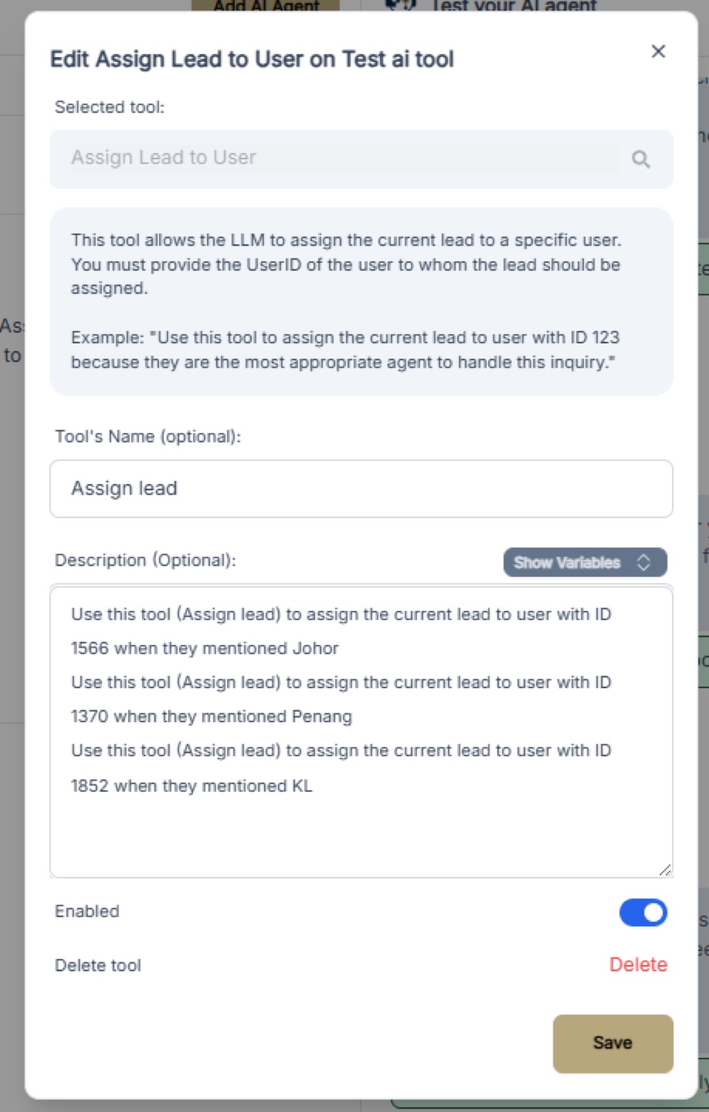Select Assign Lead to User as the tool and fill in the name and description