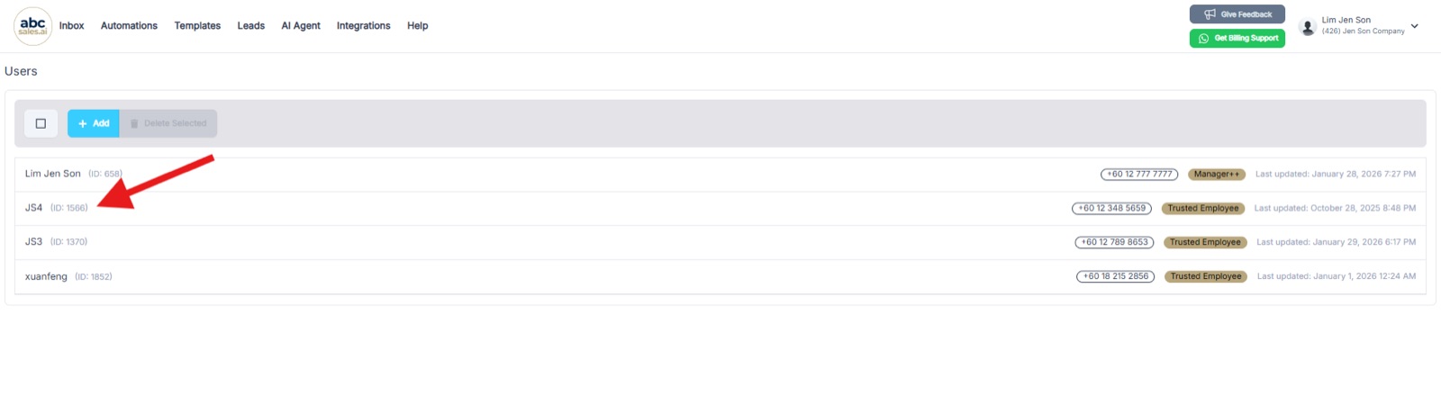 Each user's ID is shown beside their name in the Users list