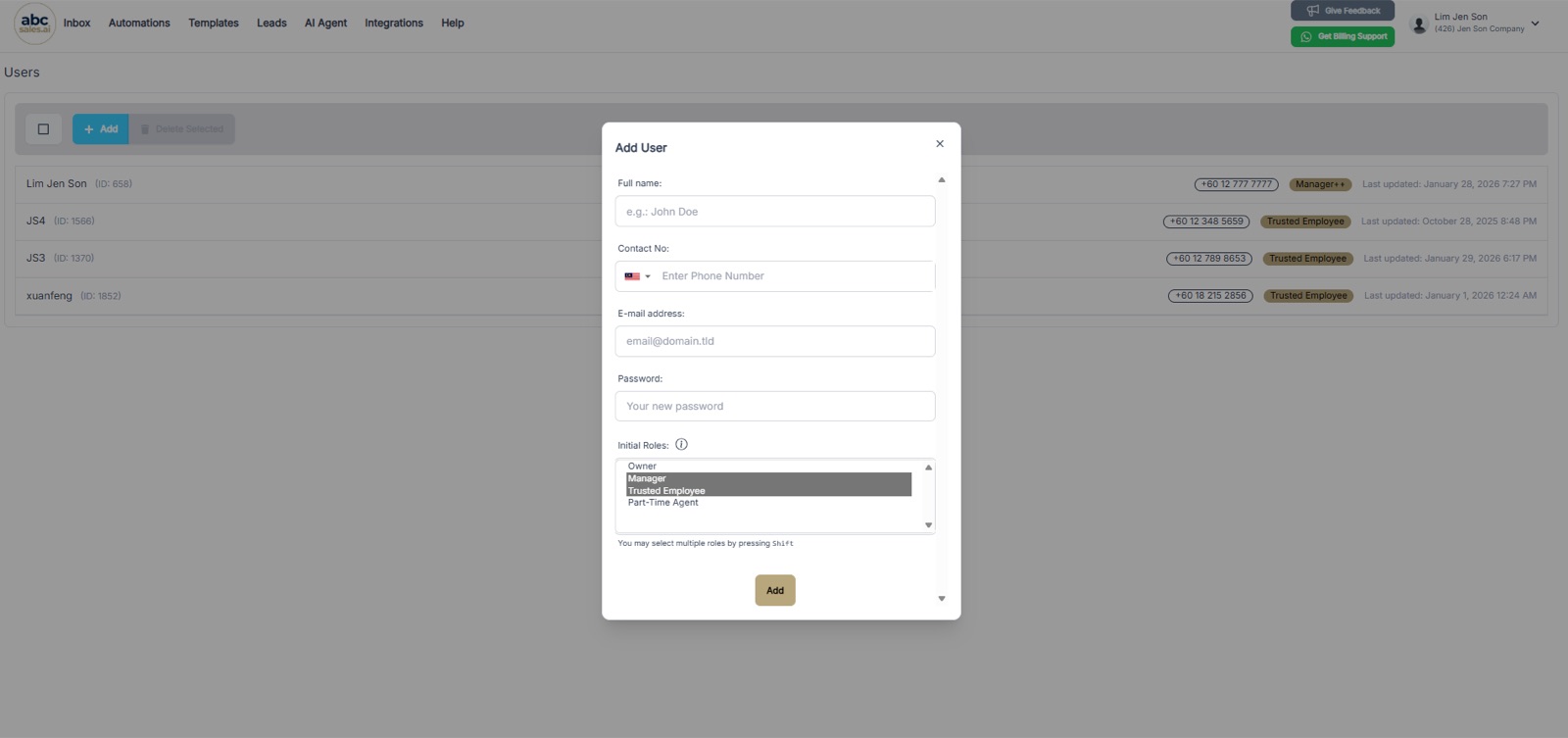 In the Add User form, select Trusted Employee under Initial Roles