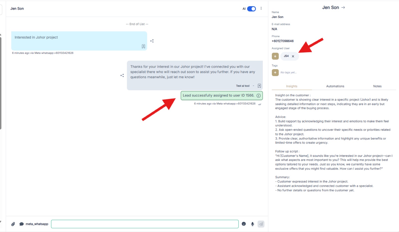 A test conversation showing the lead successfully assigned to user ID 1566 and the Assigned User updated on the lead profile