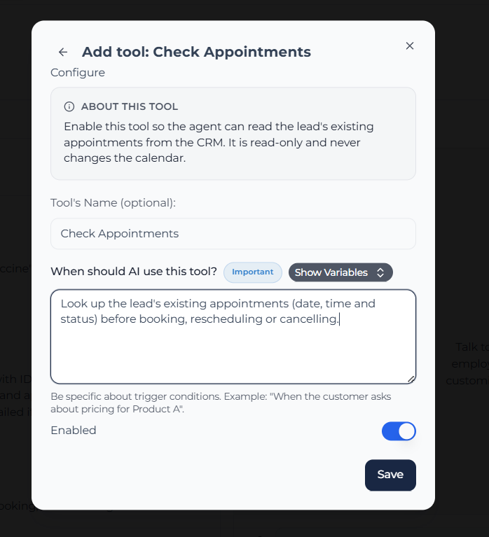 Keep Check Appointments enabled and save the tool