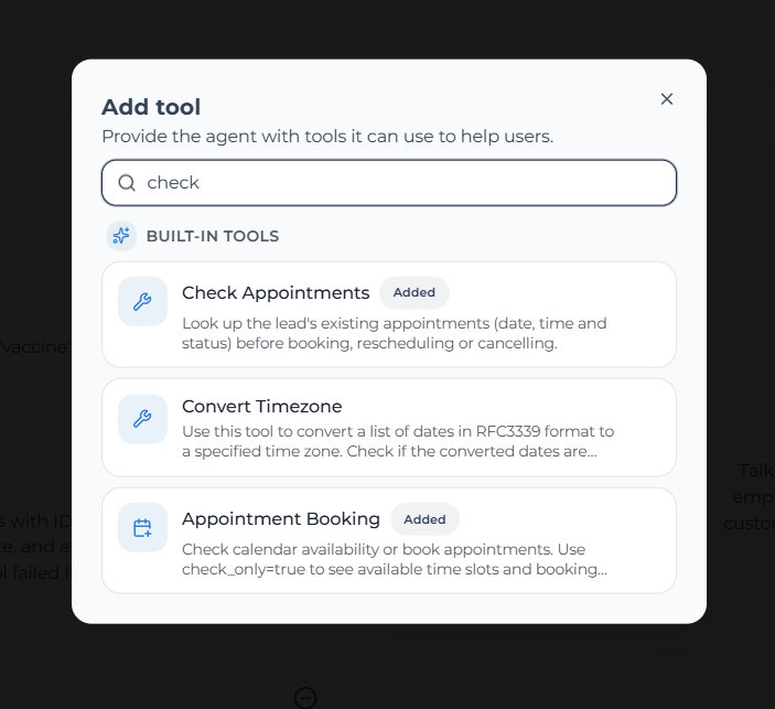 Search for Check Appointments and select the built-in tool