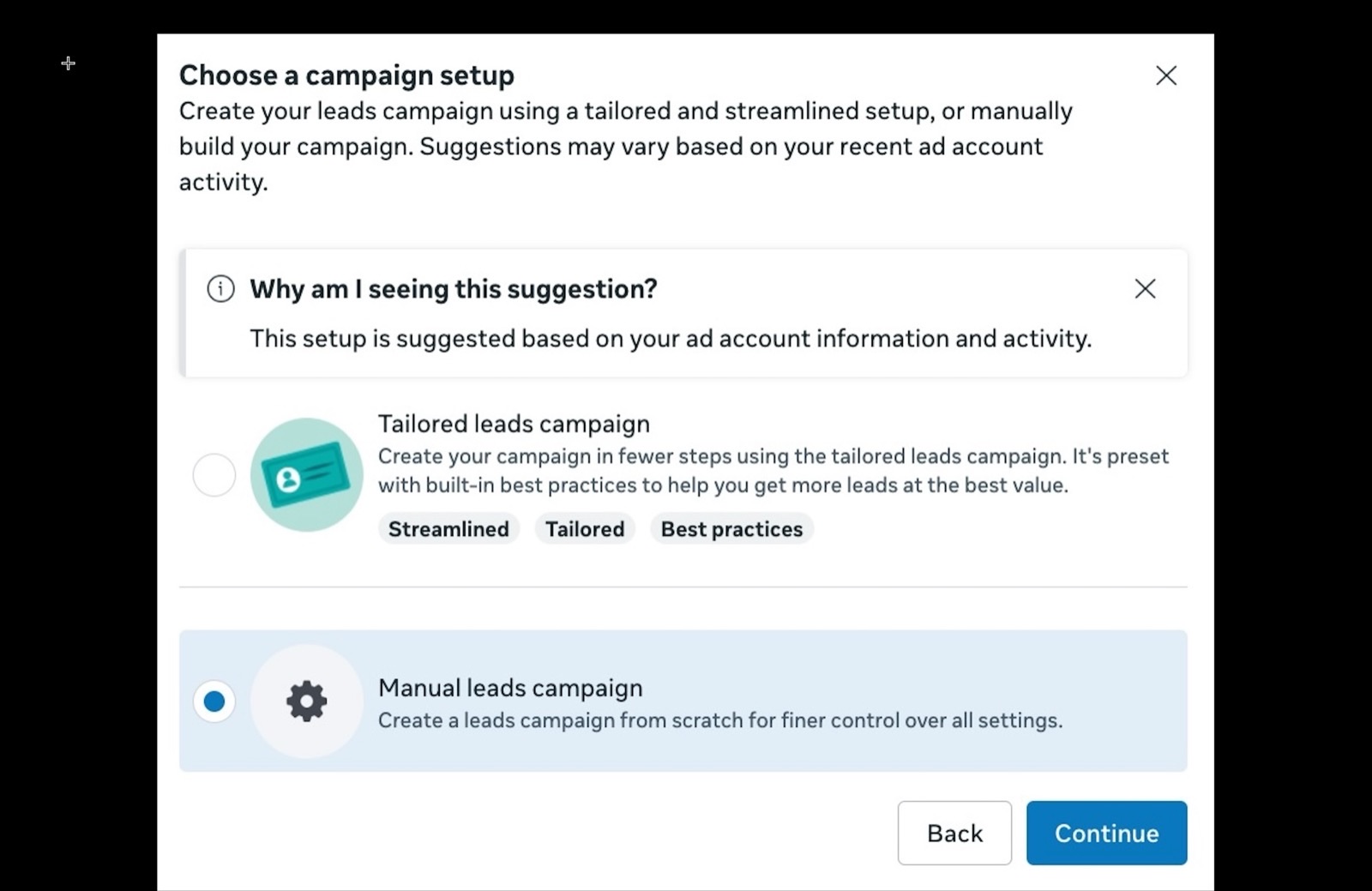 Selecting Manual leads campaign setup