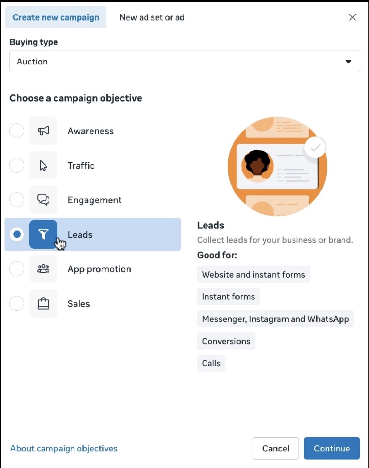 Choosing Leads as the campaign objective in Ads Manager