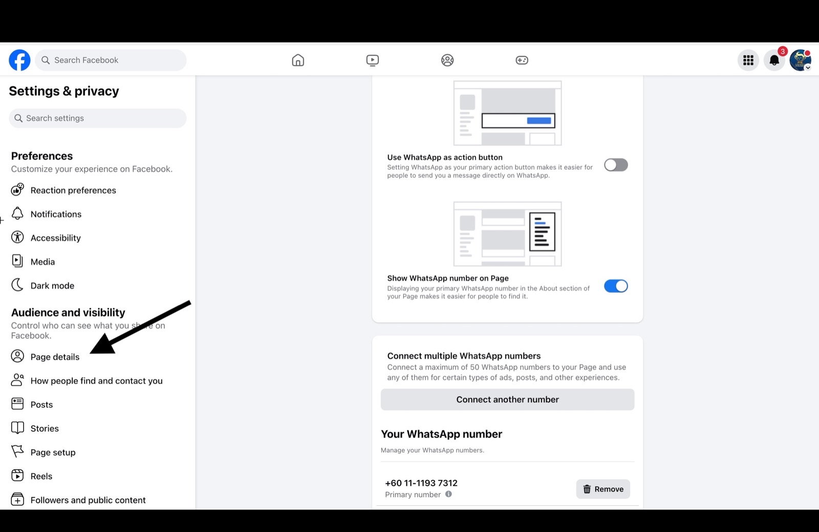 Page details option in the Facebook Page settings sidebar