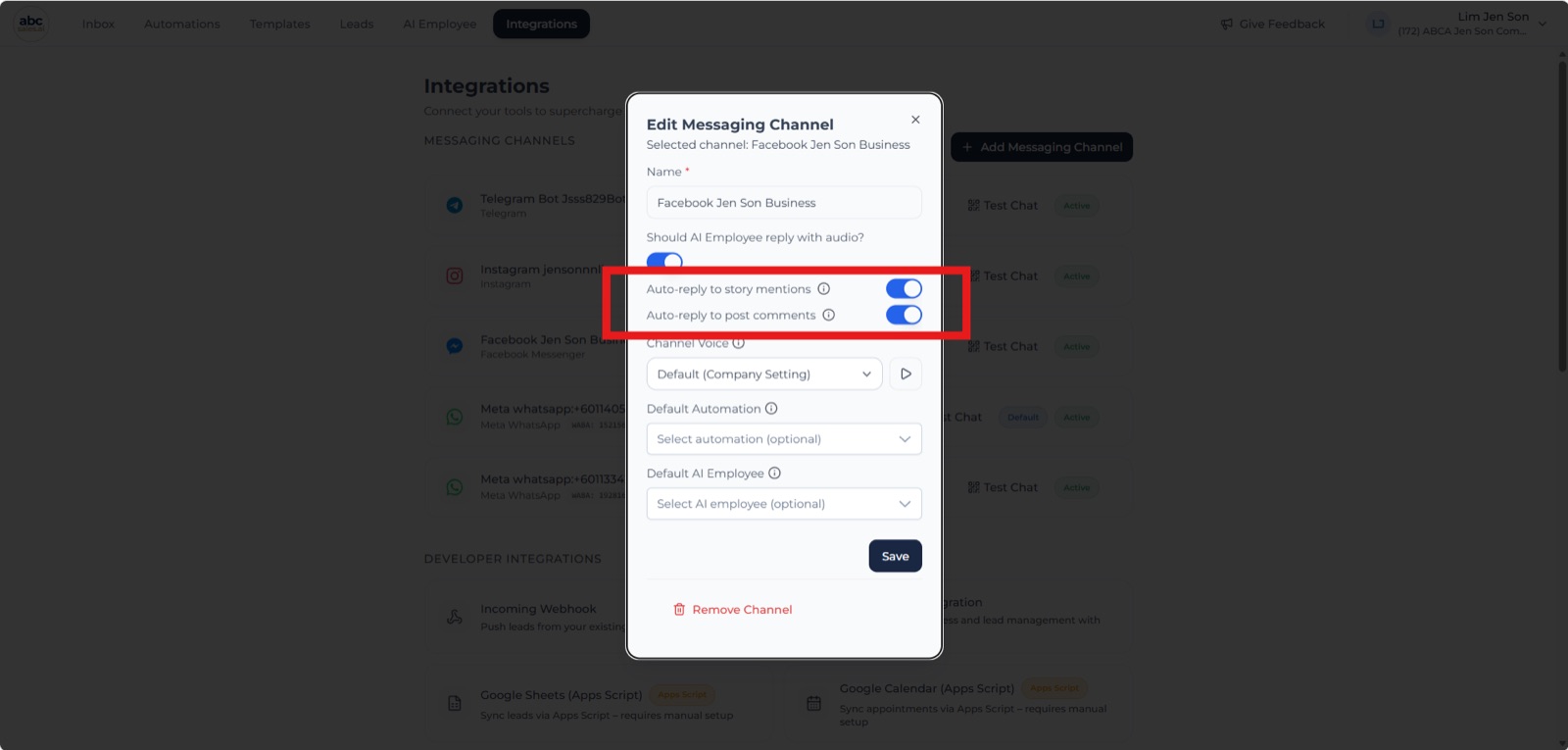 Auto reply to story mentions and post comments toggles in the channel settings