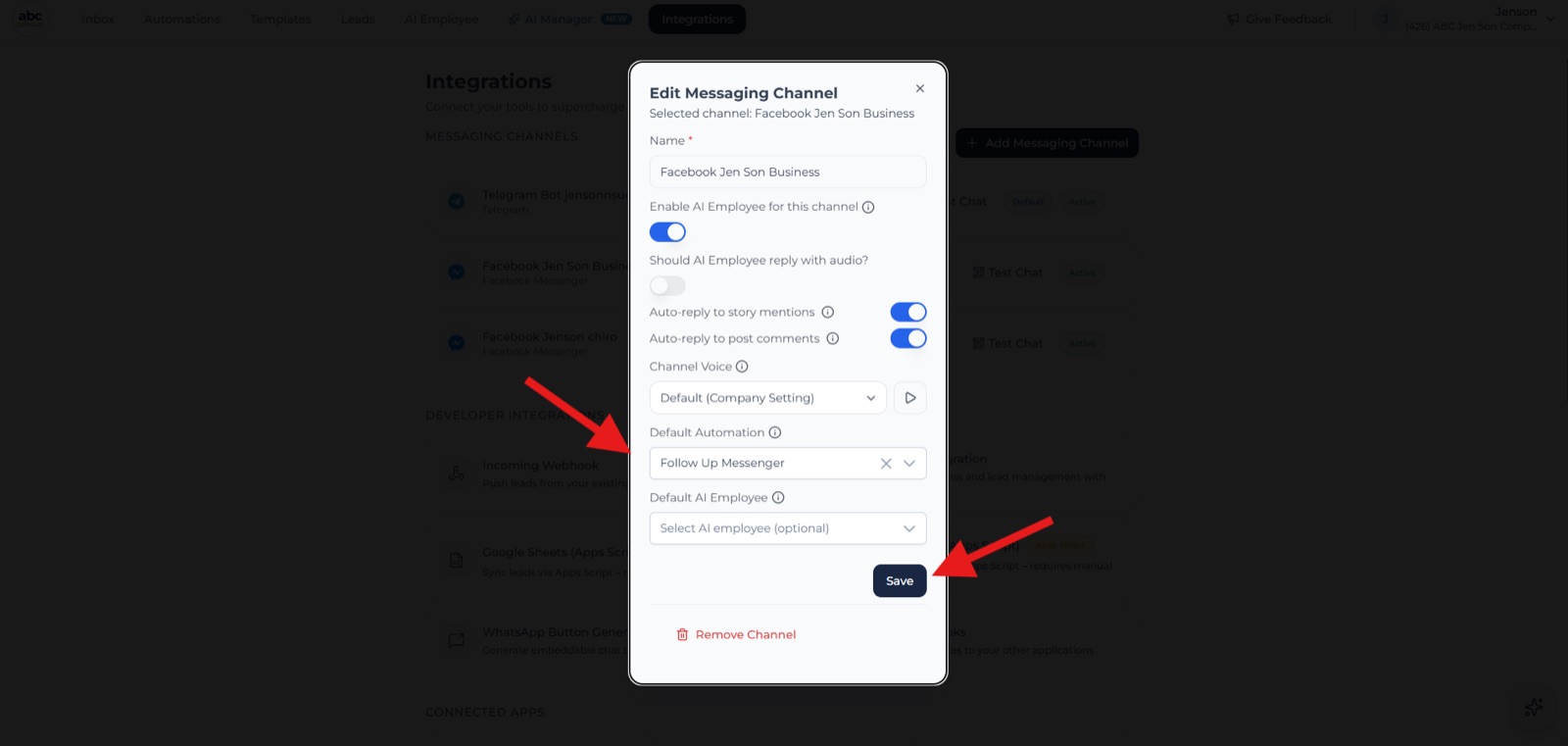 Edit Messaging Channel screen with the Default Automation dropdown set to the follow-up automation