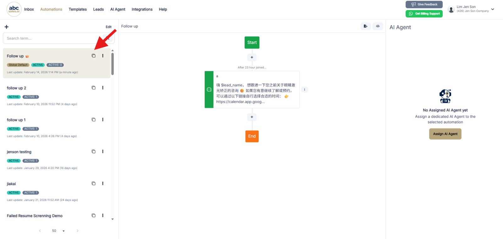 Automation flow showing the follow-up message sending 23 hours after the lead joined, with the copy button highlighted