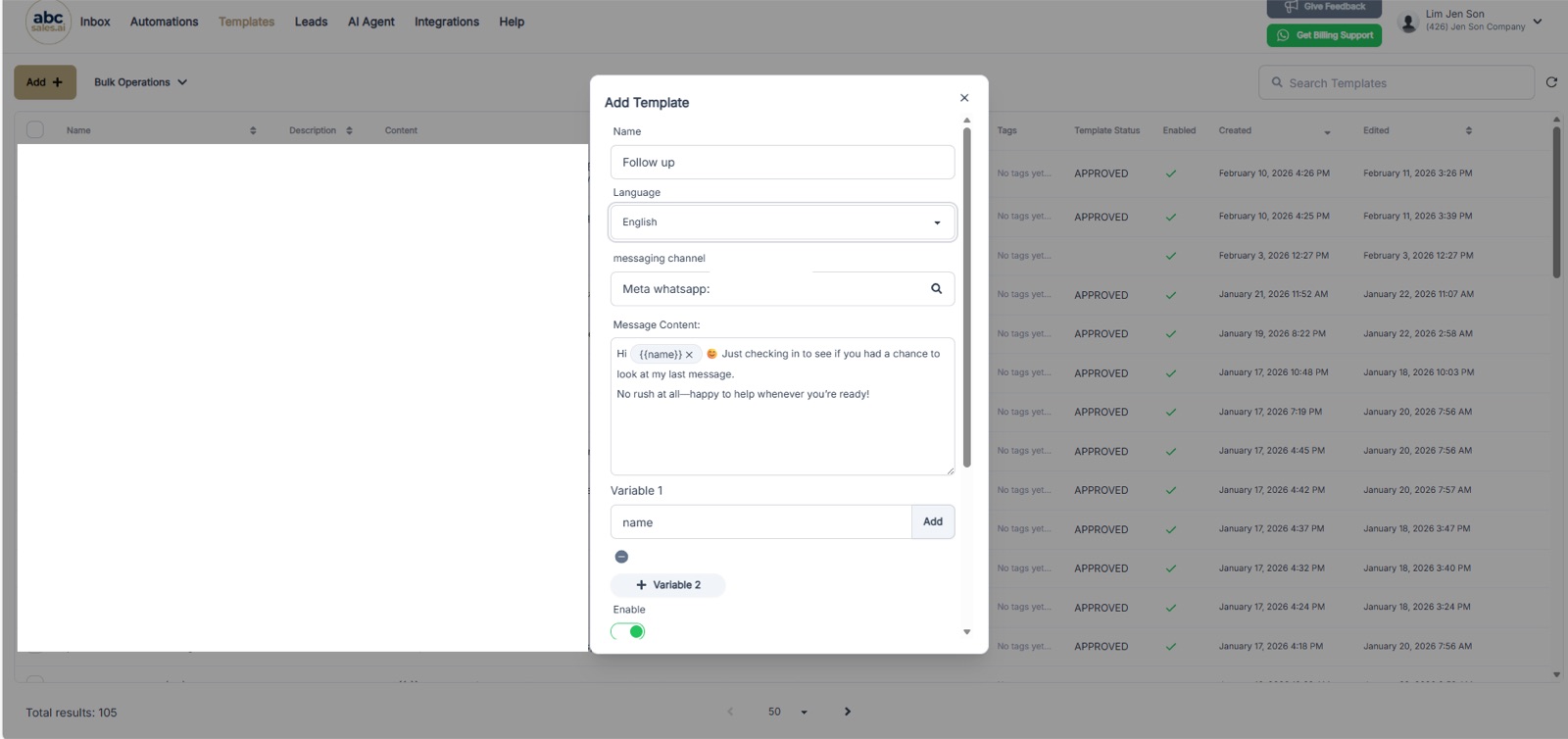 Add Template form with name, language, messaging channel, message content, and a name variable