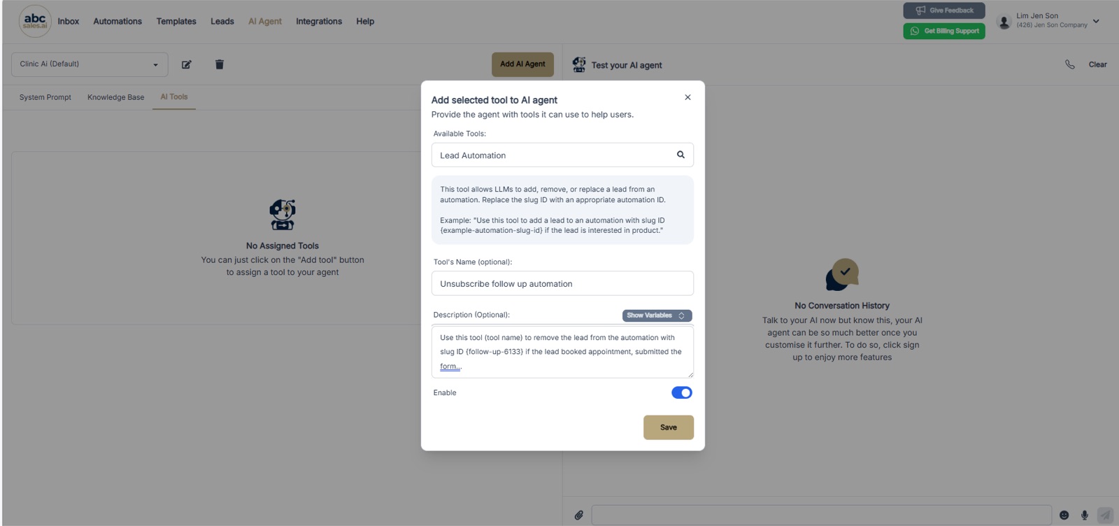 Lead Automation tool configured with the name Unsubscribe follow up automation and a description containing the slug ID