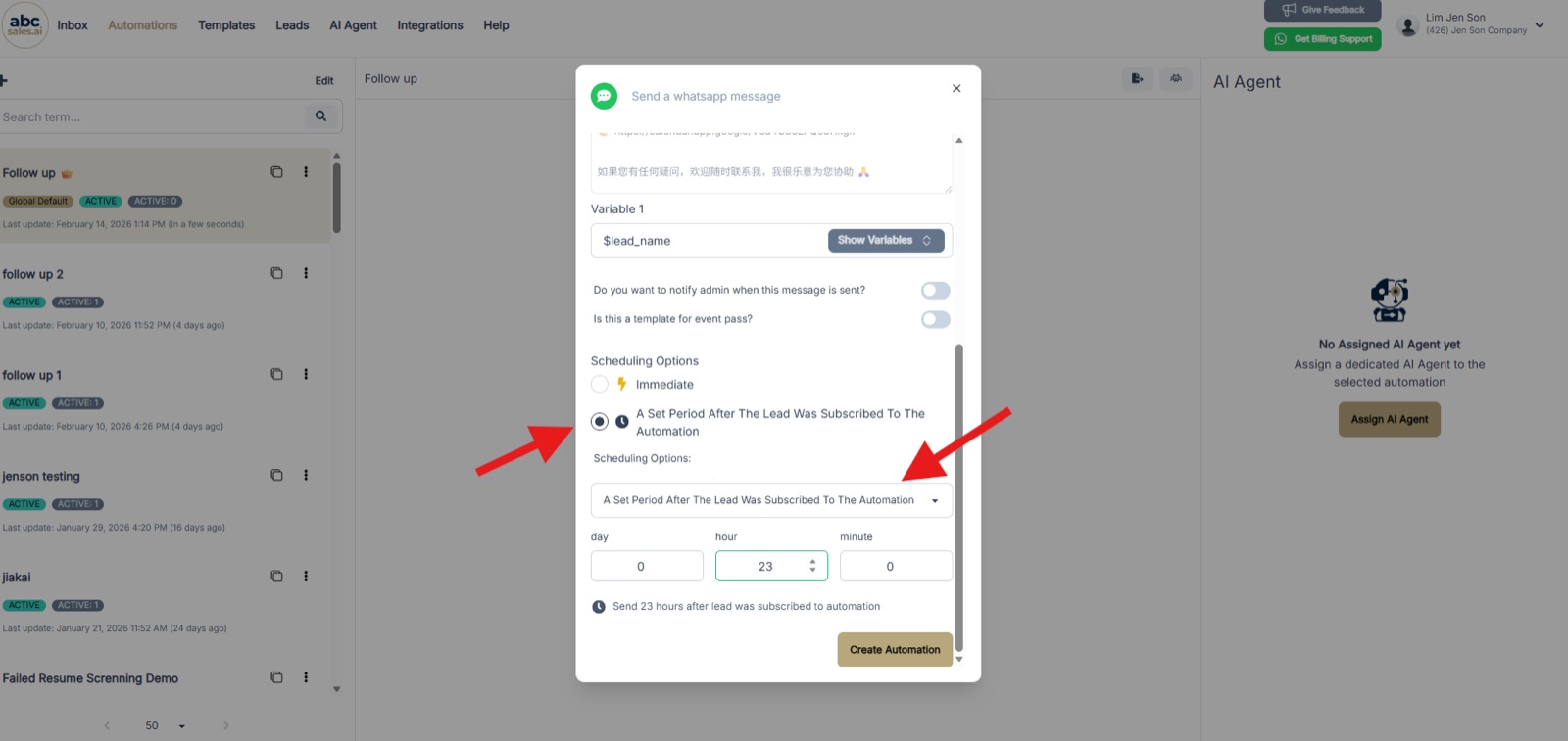 Scheduling options set to send 23 hours after the lead was subscribed to the automation