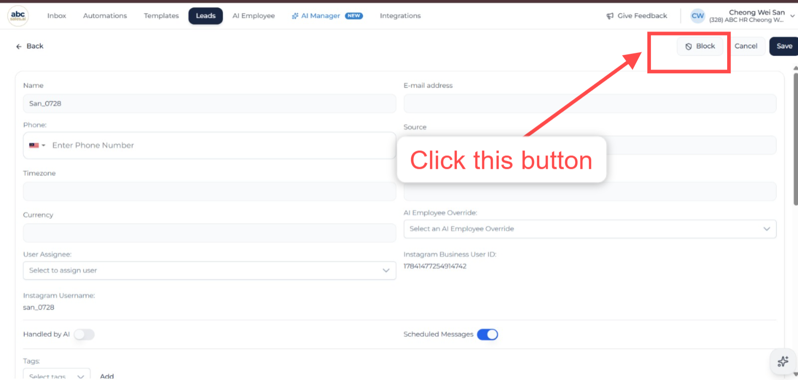 Block button in lead edit mode