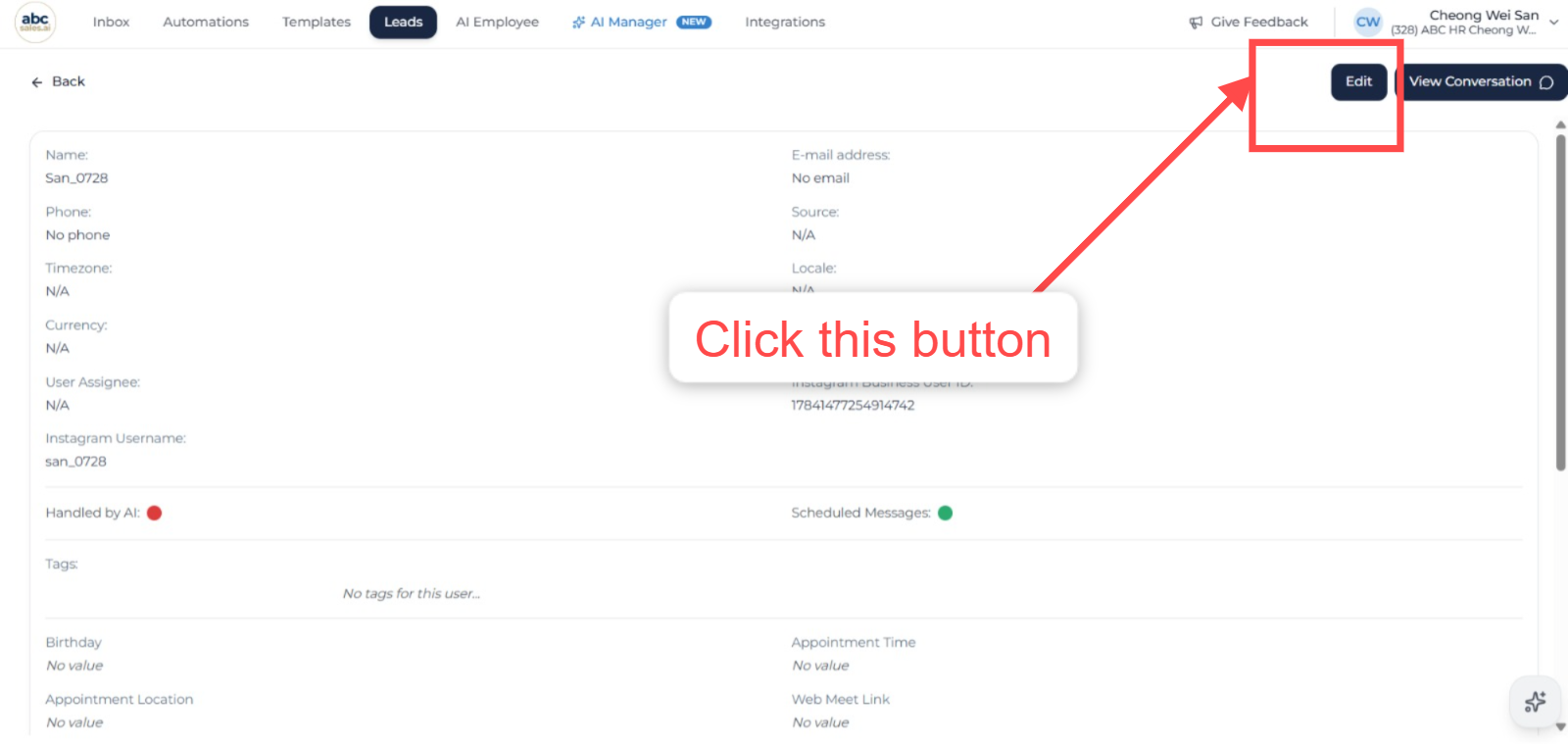 Edit button on the lead detail page