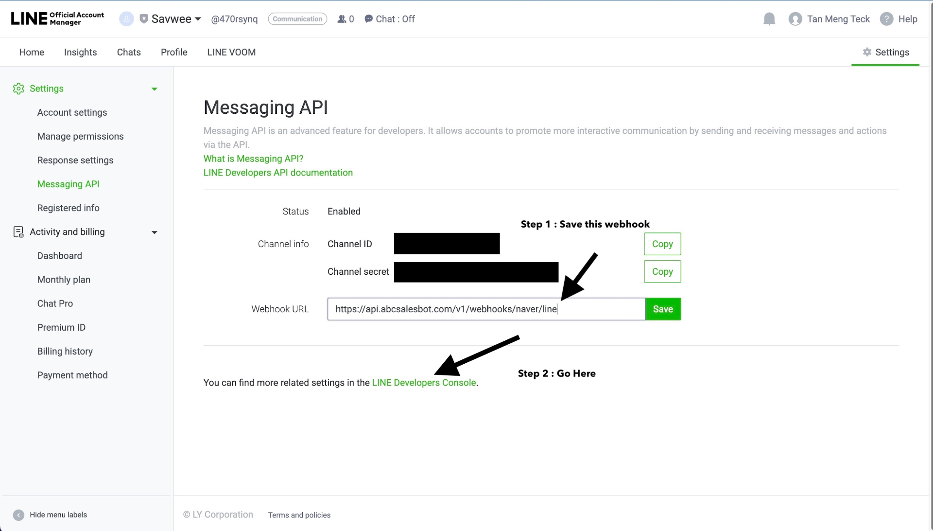 Copy your credentials and configure webhook URL