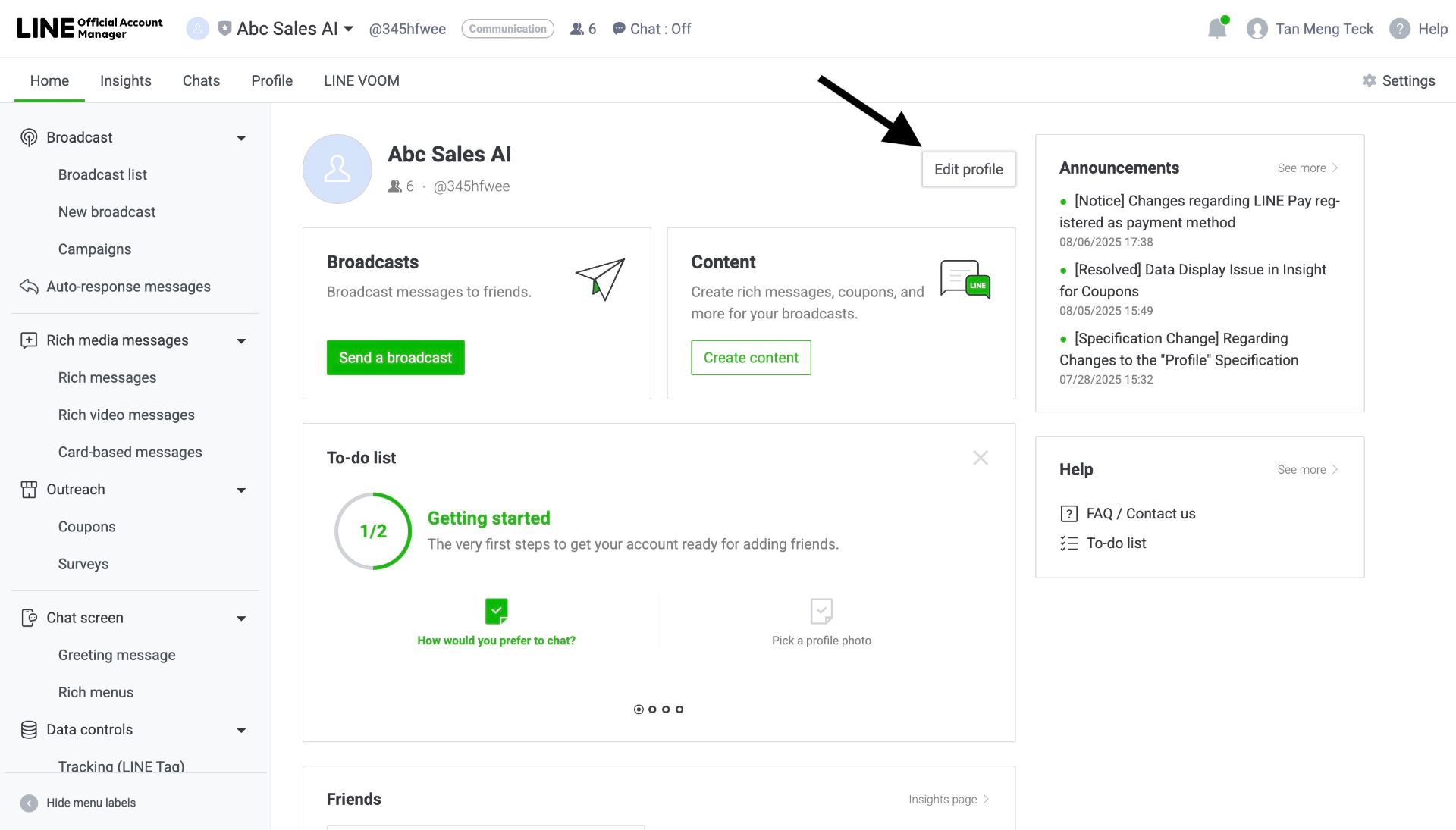 Click "Edit profile" to customize your account