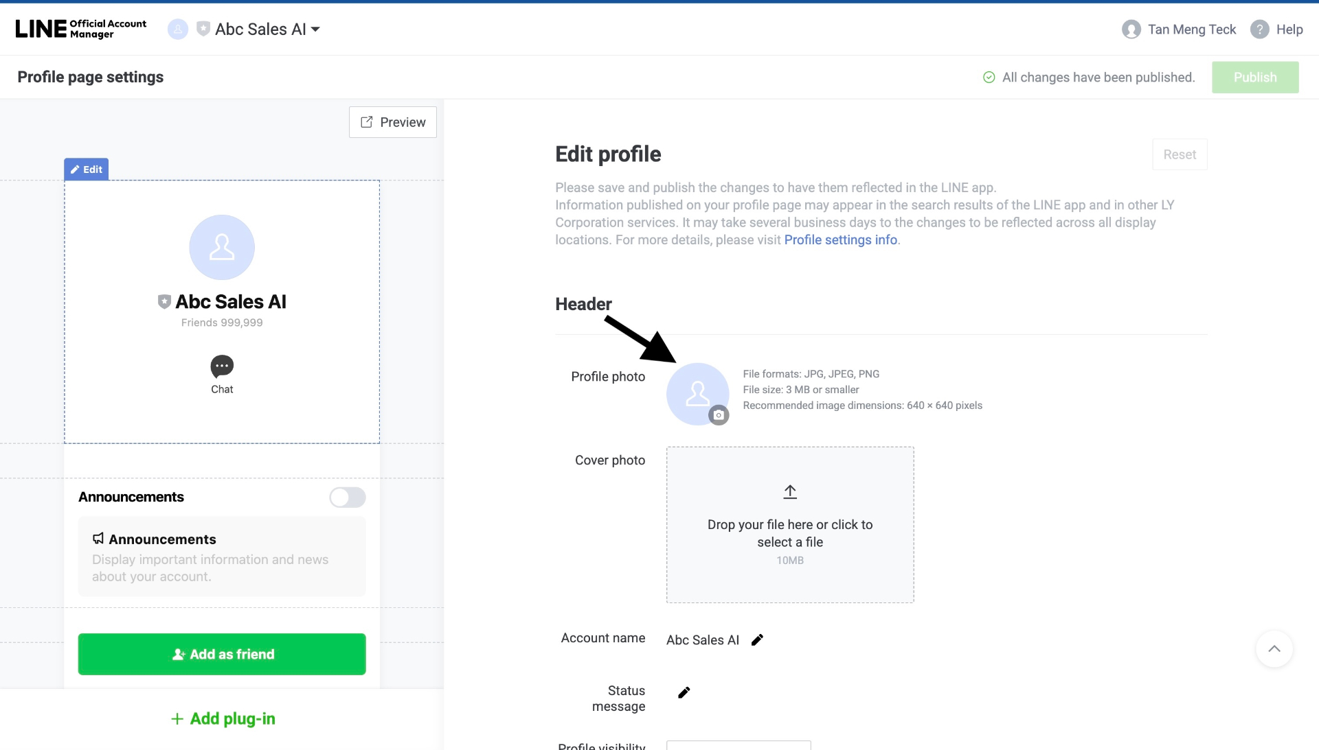 Profile page settings with photo requirements