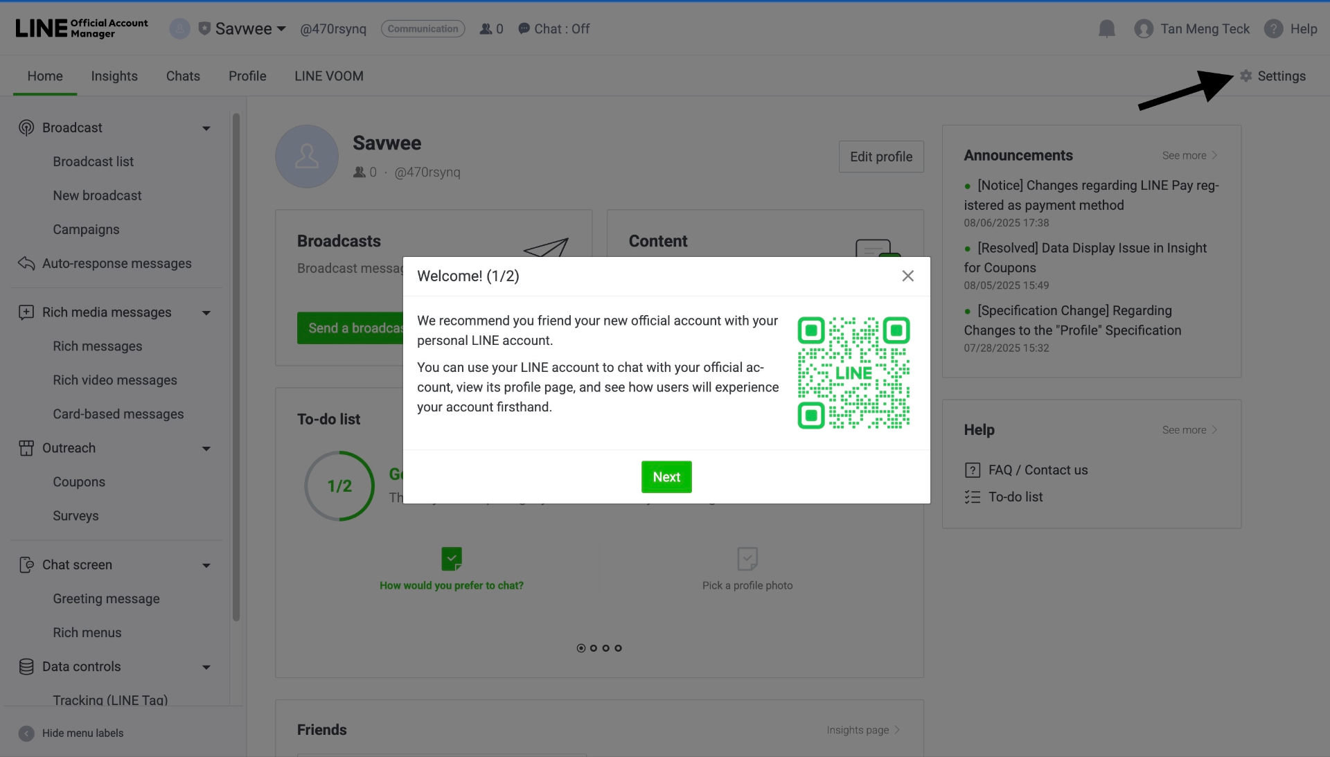 Welcome screen with QR code to add your account as a friend