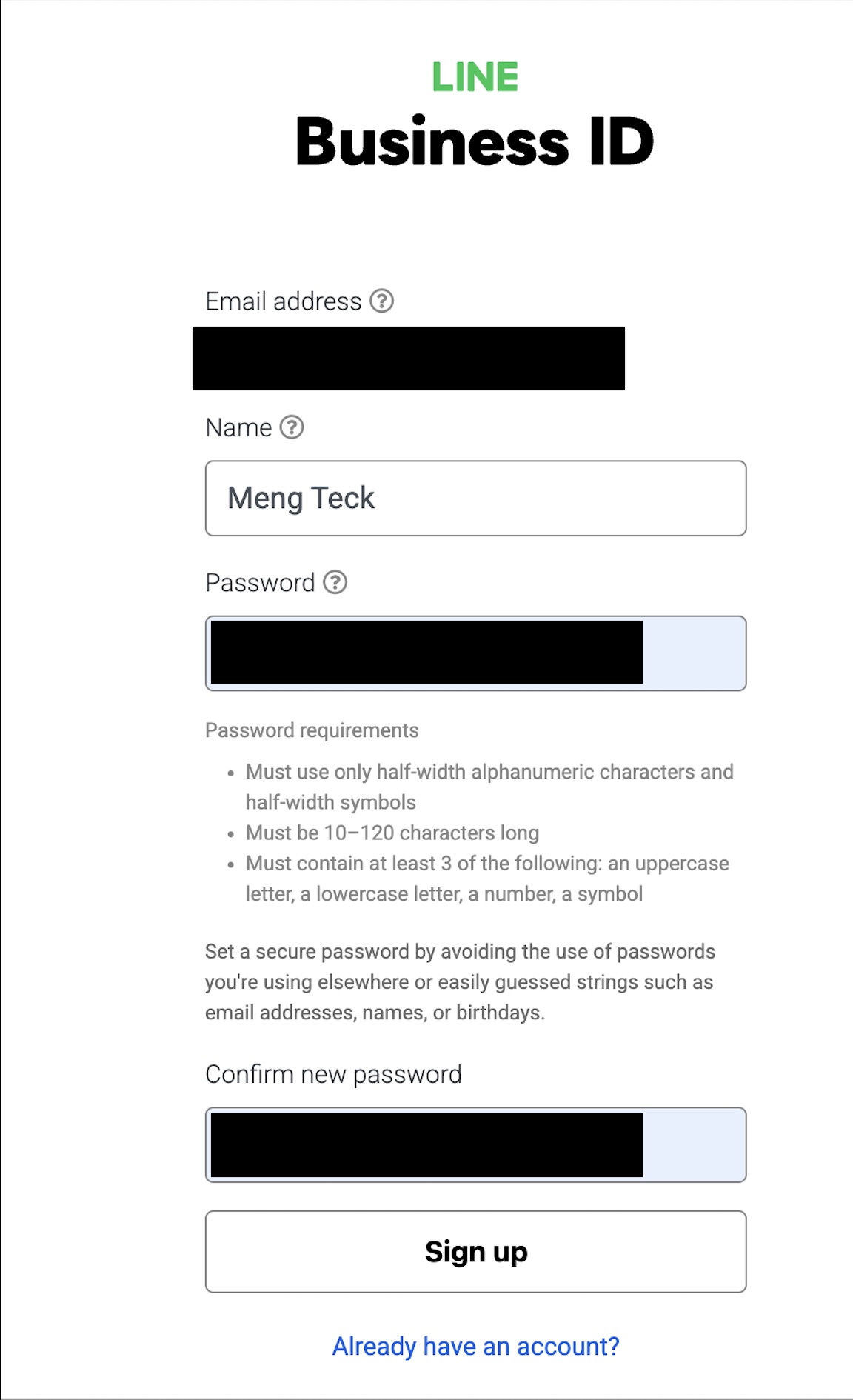 Enter your password - must meet LINE's security requirements