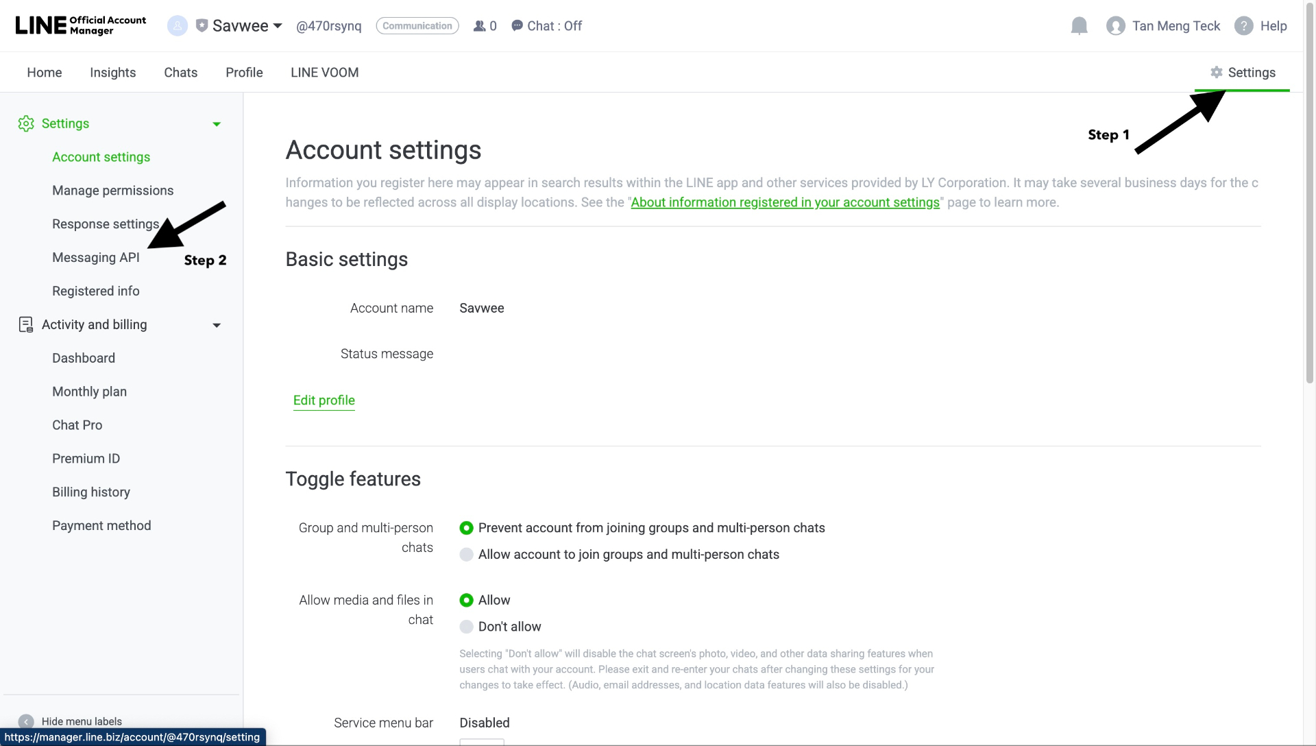 Messaging API section in Settings