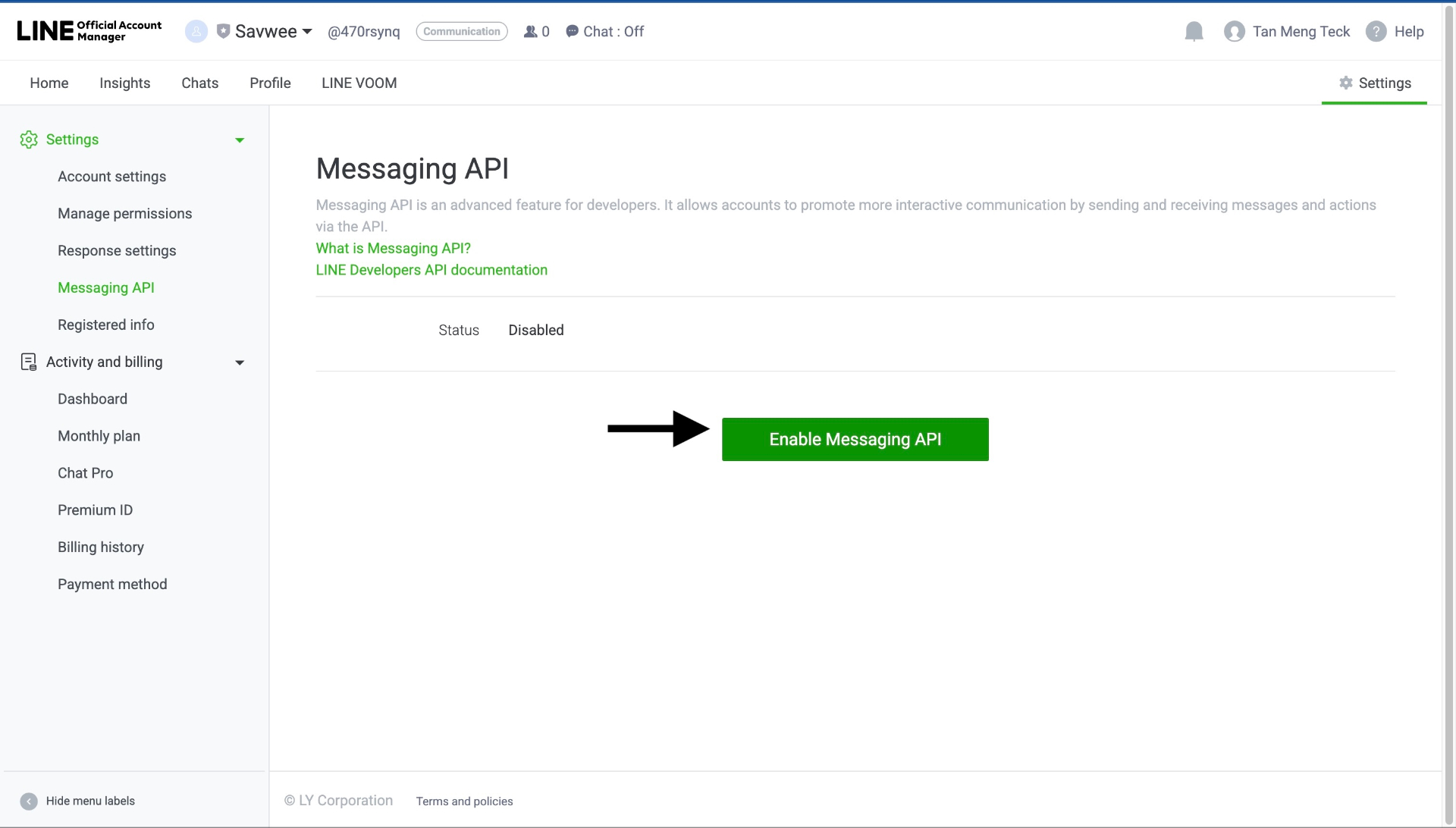 Click to enable Messaging API
