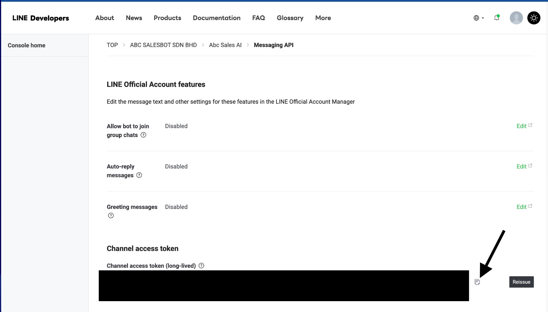 Issue and copy your Channel Access Token