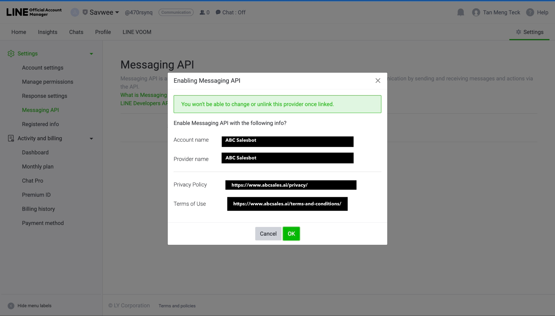 Enter provider details and privacy policy URLs